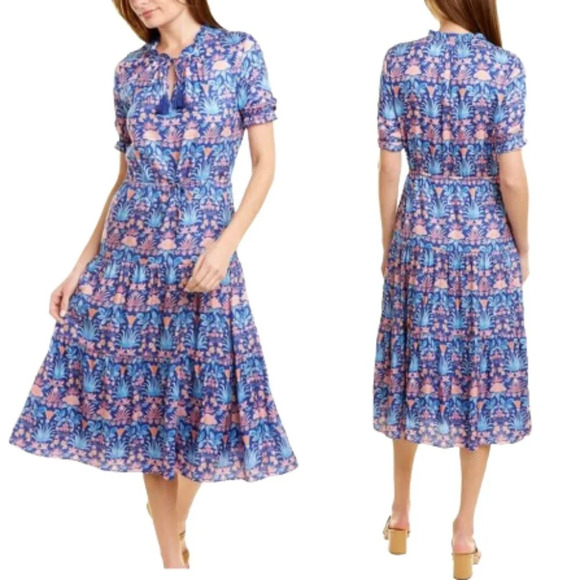 J. McLaughlin Blue and Pink Floral Midi Dress - Picture 1 of 16